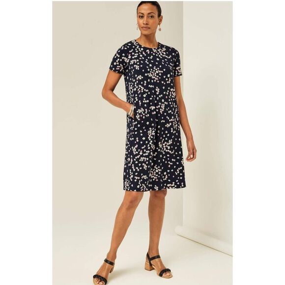 J Jill Floral Print Knit T Shirt Dress Navy Blue Casual Comfy Womens - Picture 1 of 8